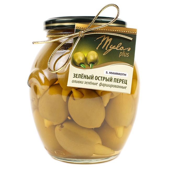 Оливки зелёные с зеленым острым перцем Пири-Пири 360 г Mylos plus