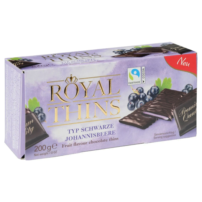 Тёмный шоколад Royal Thins с начинкой со вкусом черная смородина 200 г Halloren