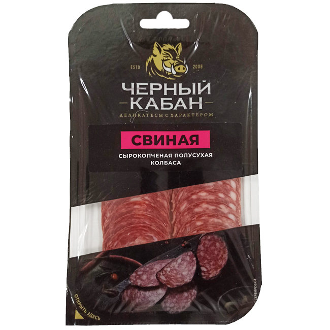 Колбаса сырокопчёная Свиная (нарезка) 95 г(срок годн.21.05) Чёрный Кабан